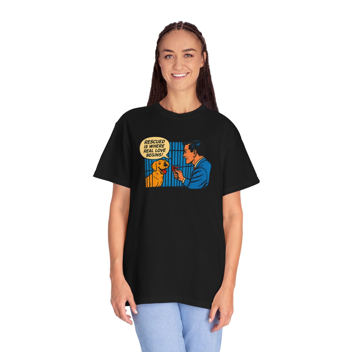 Rescued Is Where Real Love Begins Tee, Dog Lover T-Shirt, Vintage Style Animal Rights Shirt, Funny Pet Owner Gift, Animal Rescue Awareness Wear