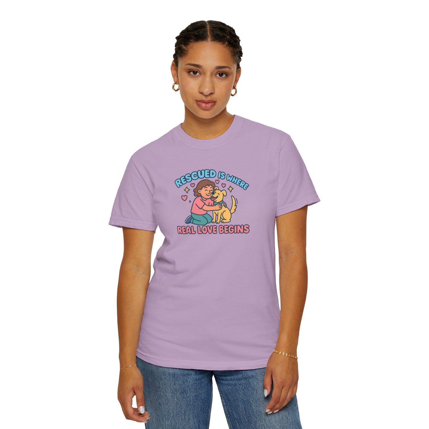 Rescued Is Where Real Love Begins Unisex T-Shirt - For Animal Lovers, Gift for Dog Owners, Adoption Awareness Tee, Casual Wear, Eco-Friendly Fashion