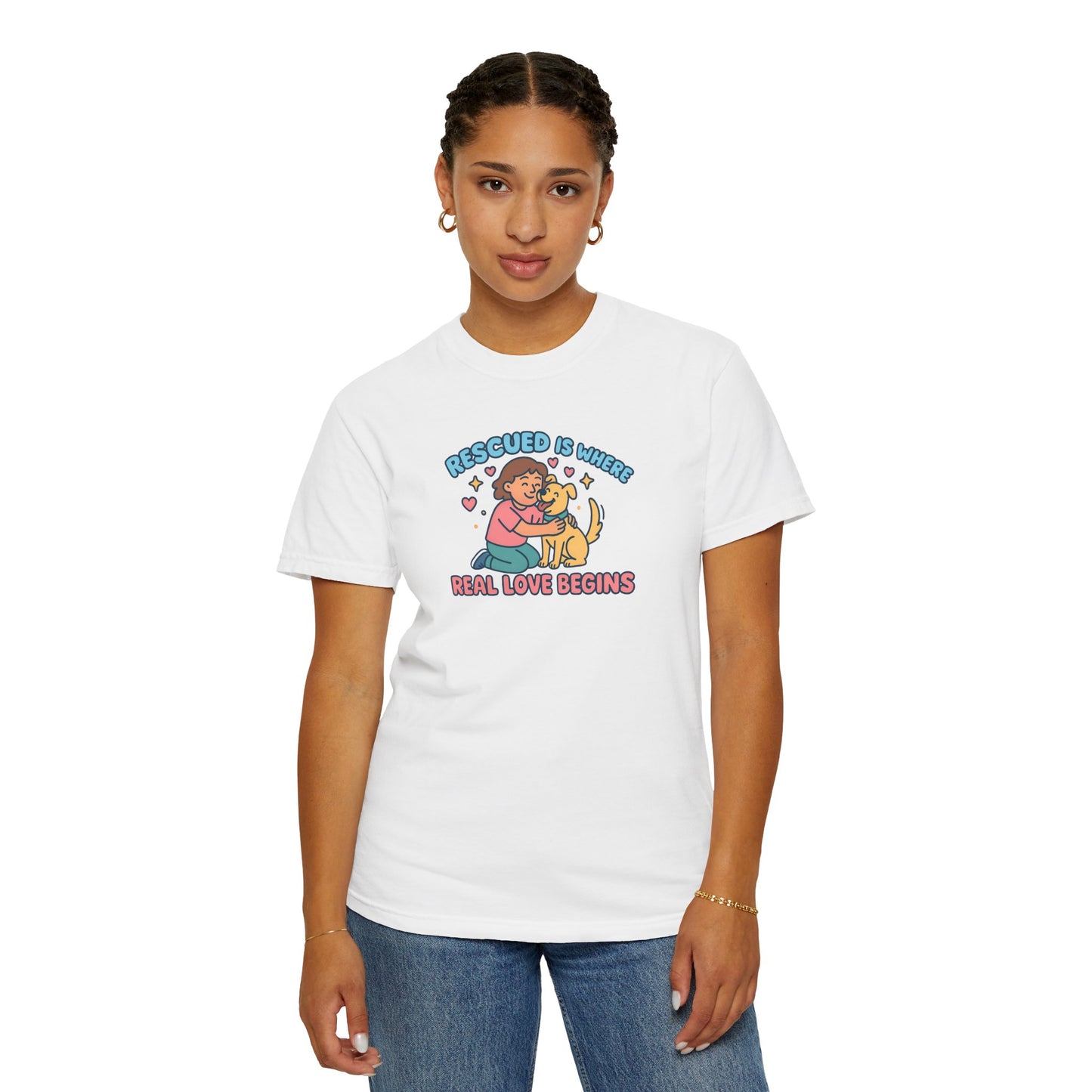 Rescued Is Where Real Love Begins Unisex T-Shirt - For Animal Lovers, Gift for Dog Owners, Adoption Awareness Tee, Casual Wear, Eco-Friendly Fashion