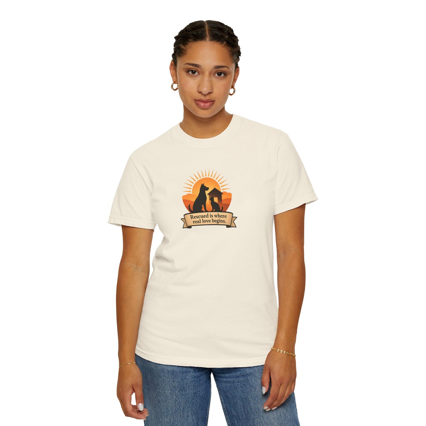 Rescued Is Where Real Love Begins Unisex Garment-Dyed T-Shirt - Perfect for Outdoor Lovers, Hiking, Gifts, Nature Enthusiasts, Casual Wear