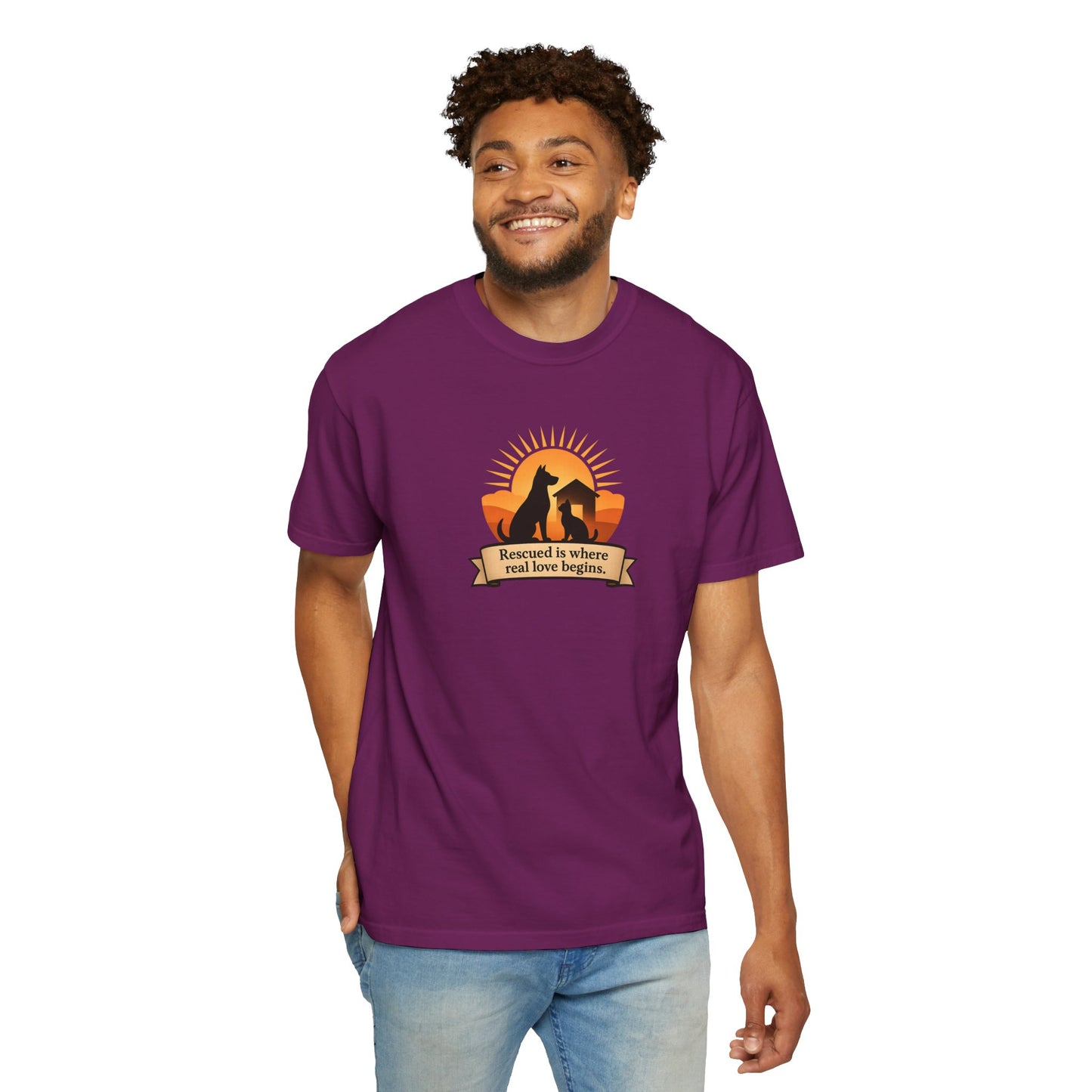 Rescued Is Where Real Love Begins Unisex Garment-Dyed T-Shirt - Perfect for Outdoor Lovers, Hiking, Gifts, Nature Enthusiasts, Casual Wear