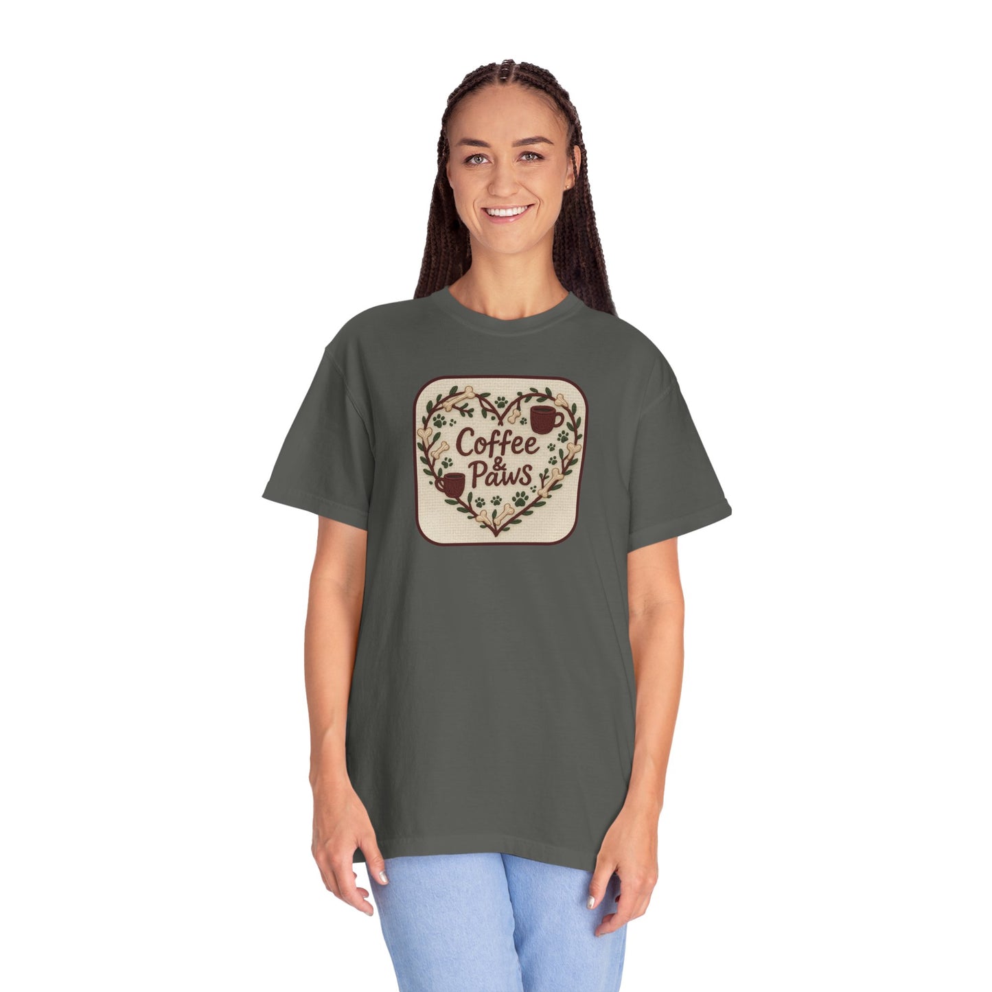 Coffee Paws Unisex Garment-Dyed T-shirt, Cute Coffee Lover Tee, Gift for Dog Owners, Nature-Inspired Shirt, Cozy Casual Wear
