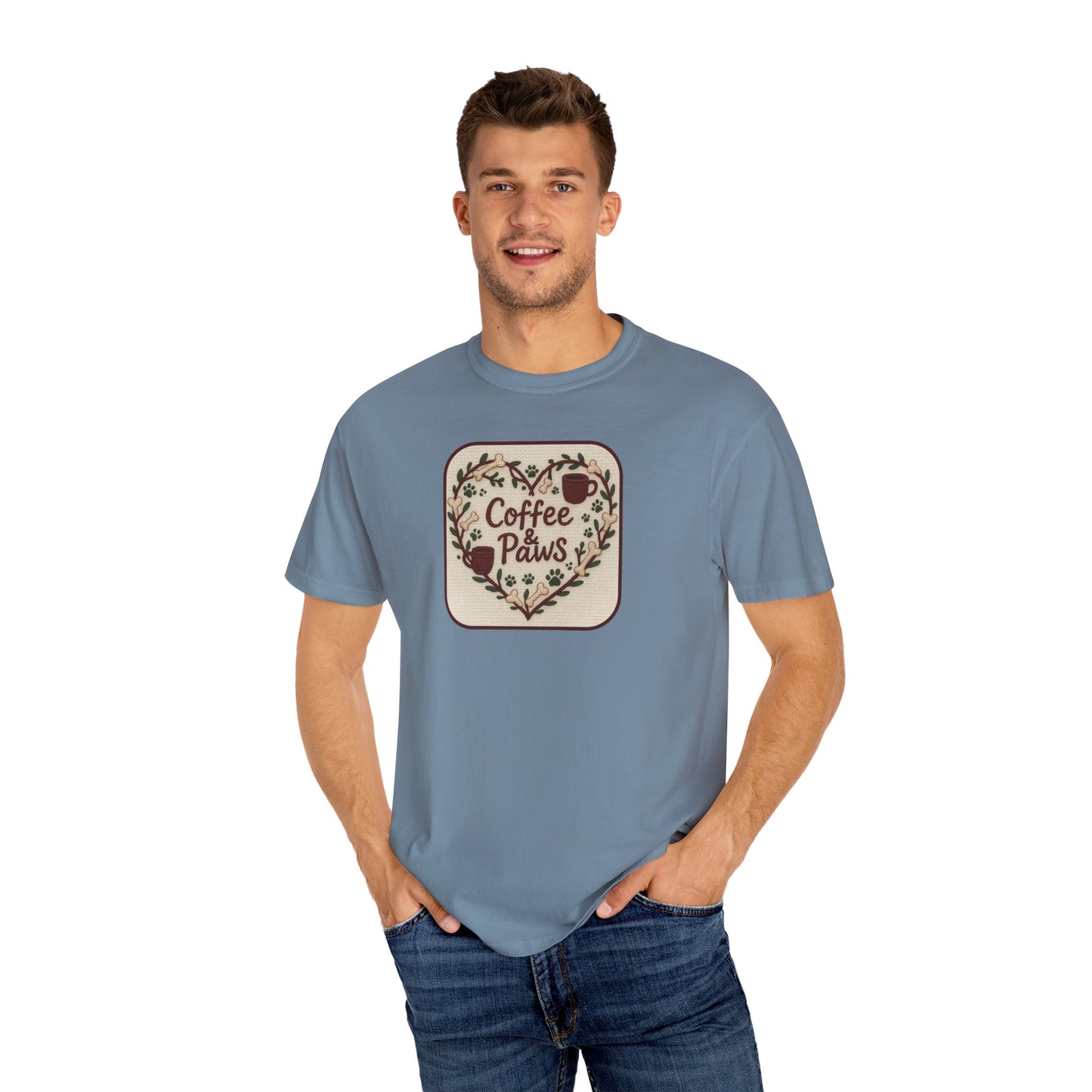 Coffee Paws Unisex Garment-Dyed T-shirt, Cute Coffee Lover Tee, Gift for Dog Owners, Nature-Inspired Shirt, Cozy Casual Wear